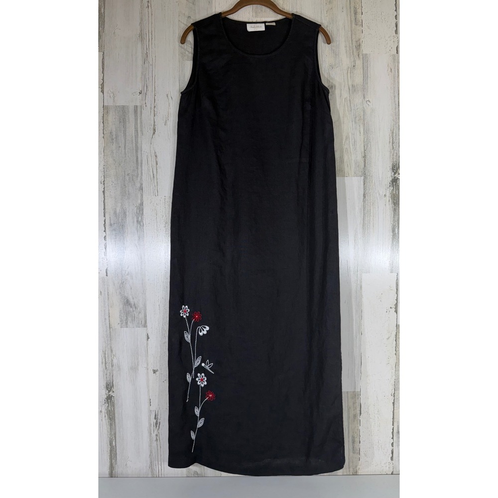 Studio Works Maxi Dress Medium Black Linen Floral Embroidered Sleeveless READ